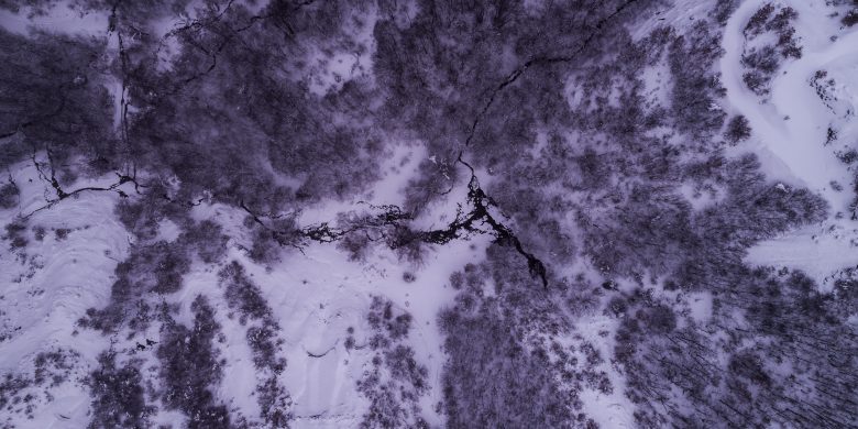 Aerial view of our fields covered in snow in the winter
